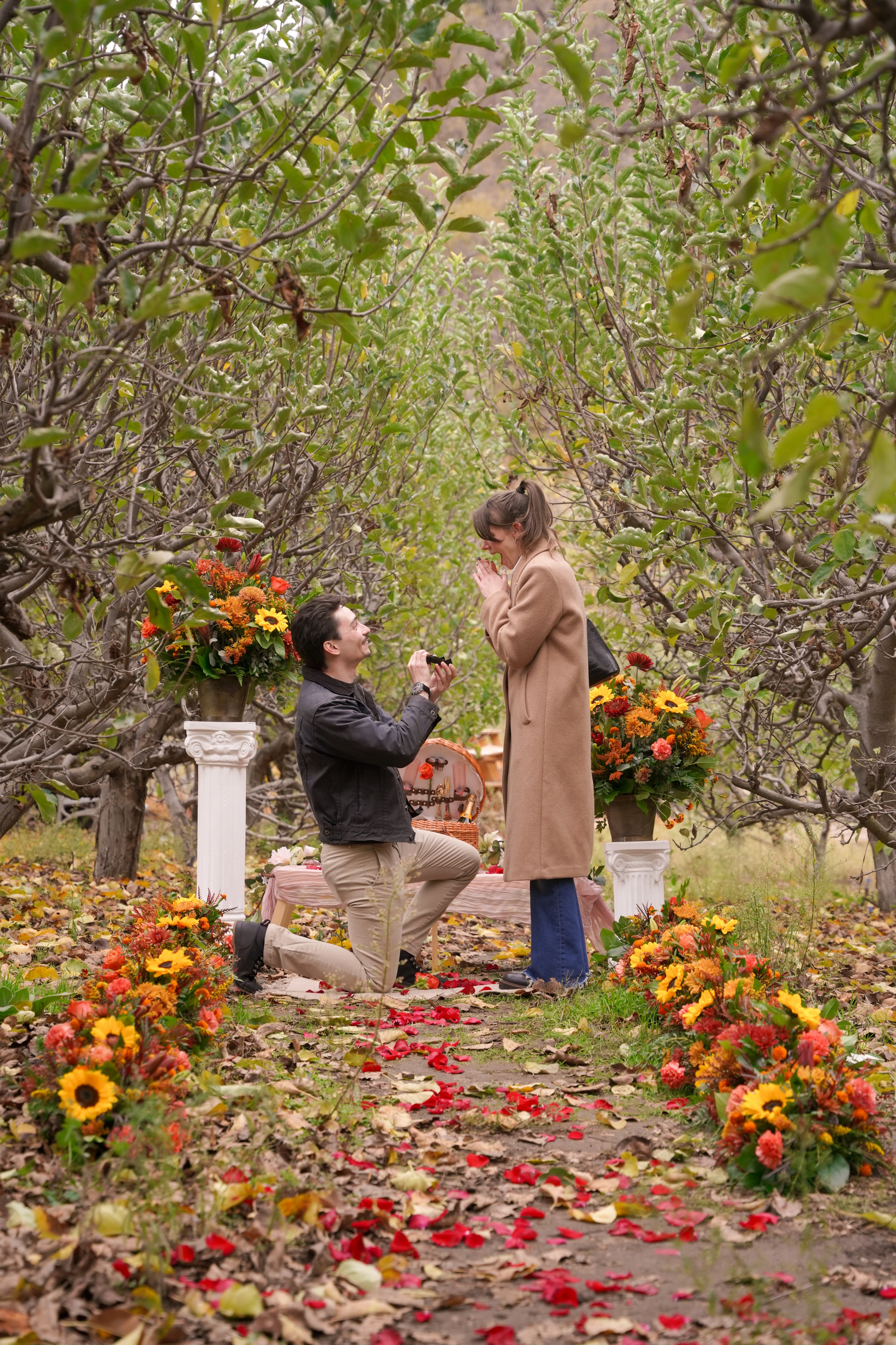 Jo proposing to Jax on a flower-lined orchard path