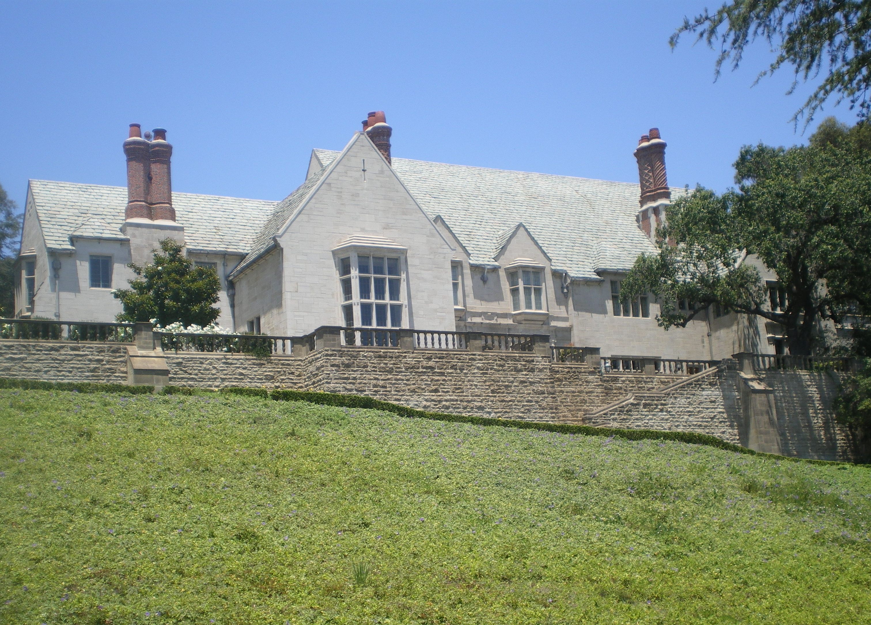Greystone Mansion’s Tudor exterior and lawn