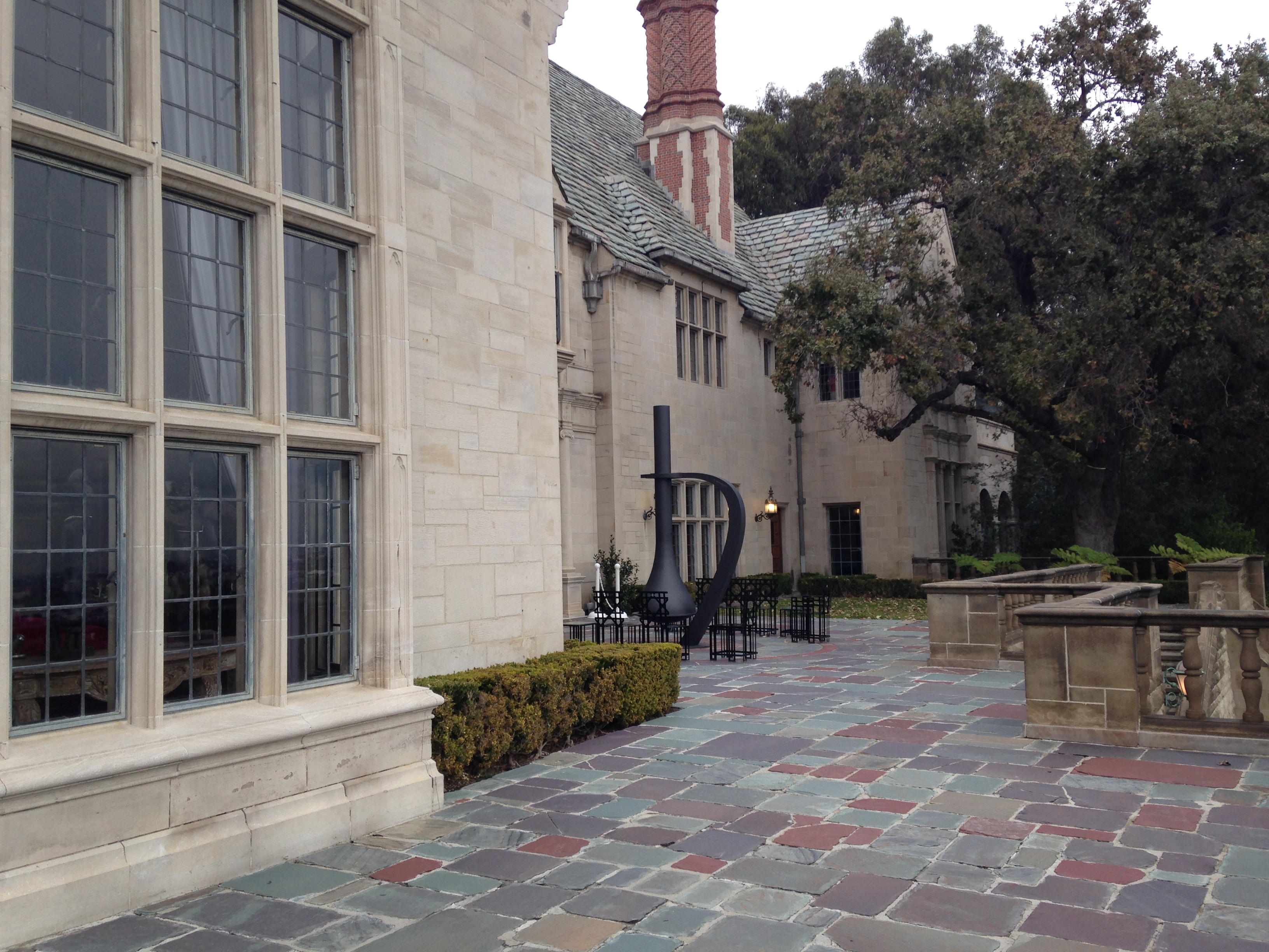 Stone terrace and Tudor architecture at Greystone Mansion in Beverly Hills