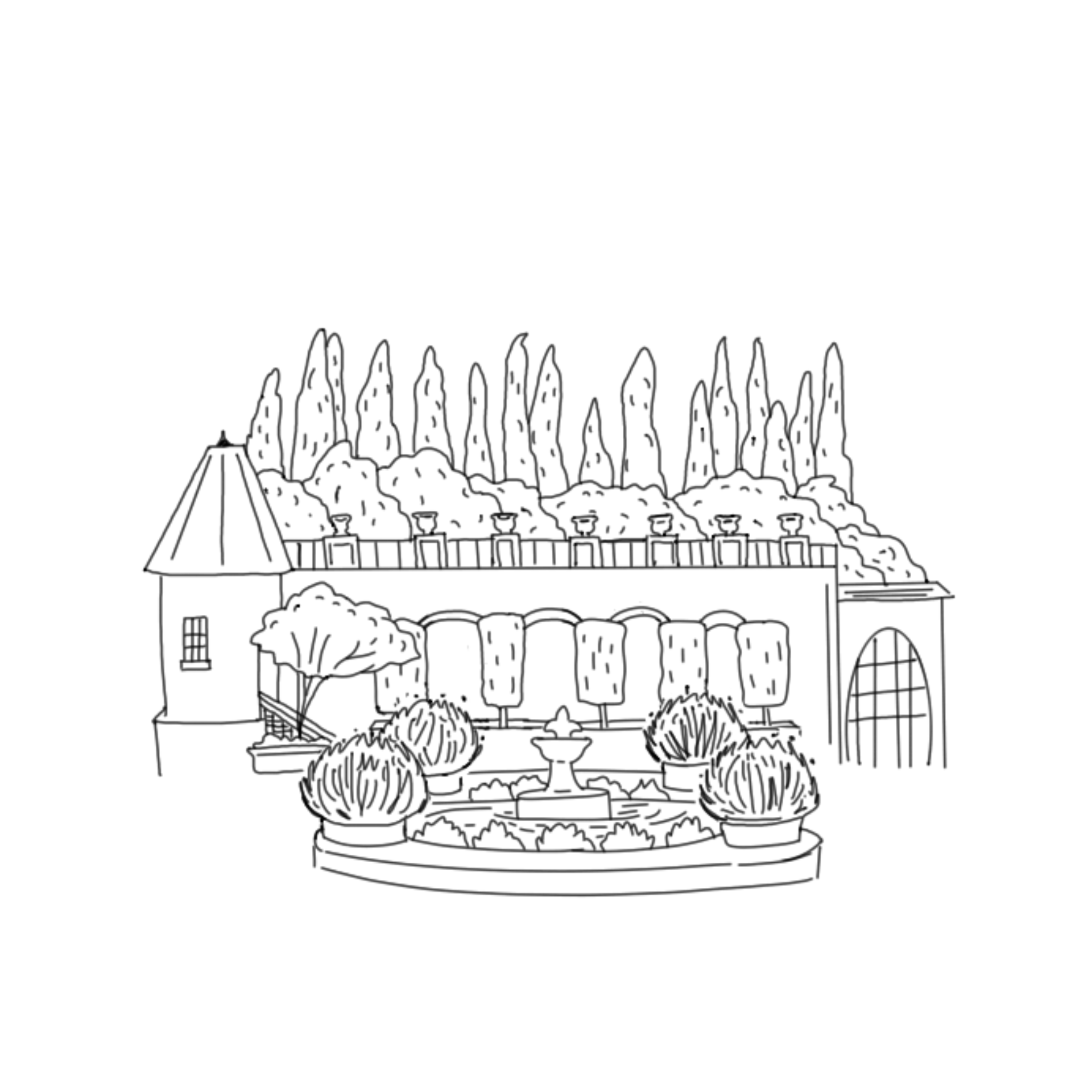 A hand-drawn line illustration of Greystone Mansion, created for Jacqueline and Joseph by their friend